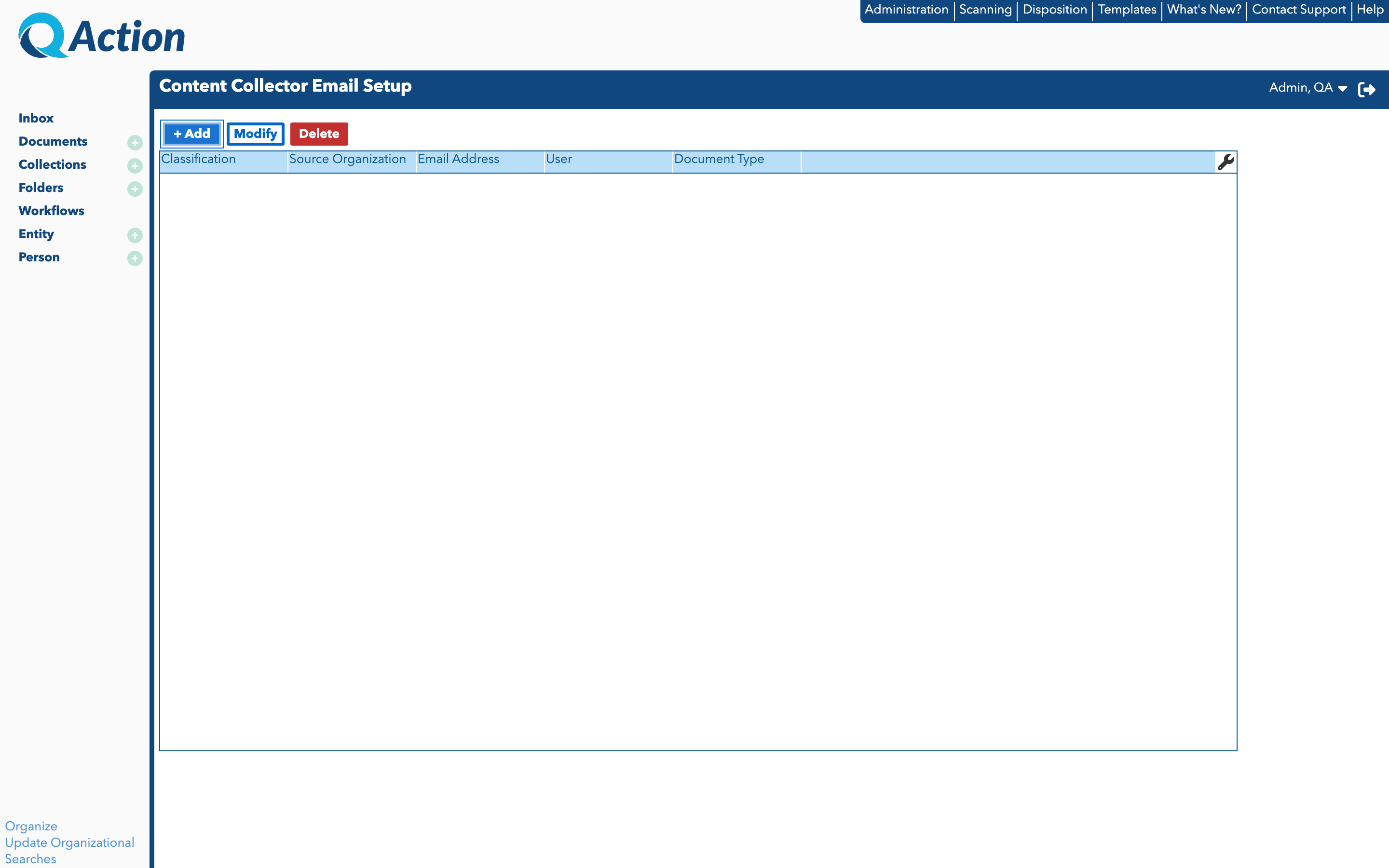 Content Collector Email Setup Screen Content Collector Email Setup Screen
