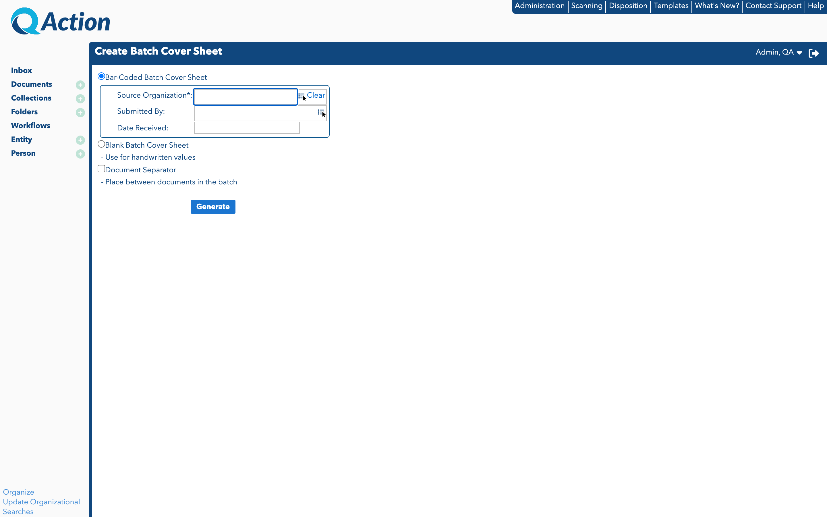 Create Batch Cover Sheet Screen