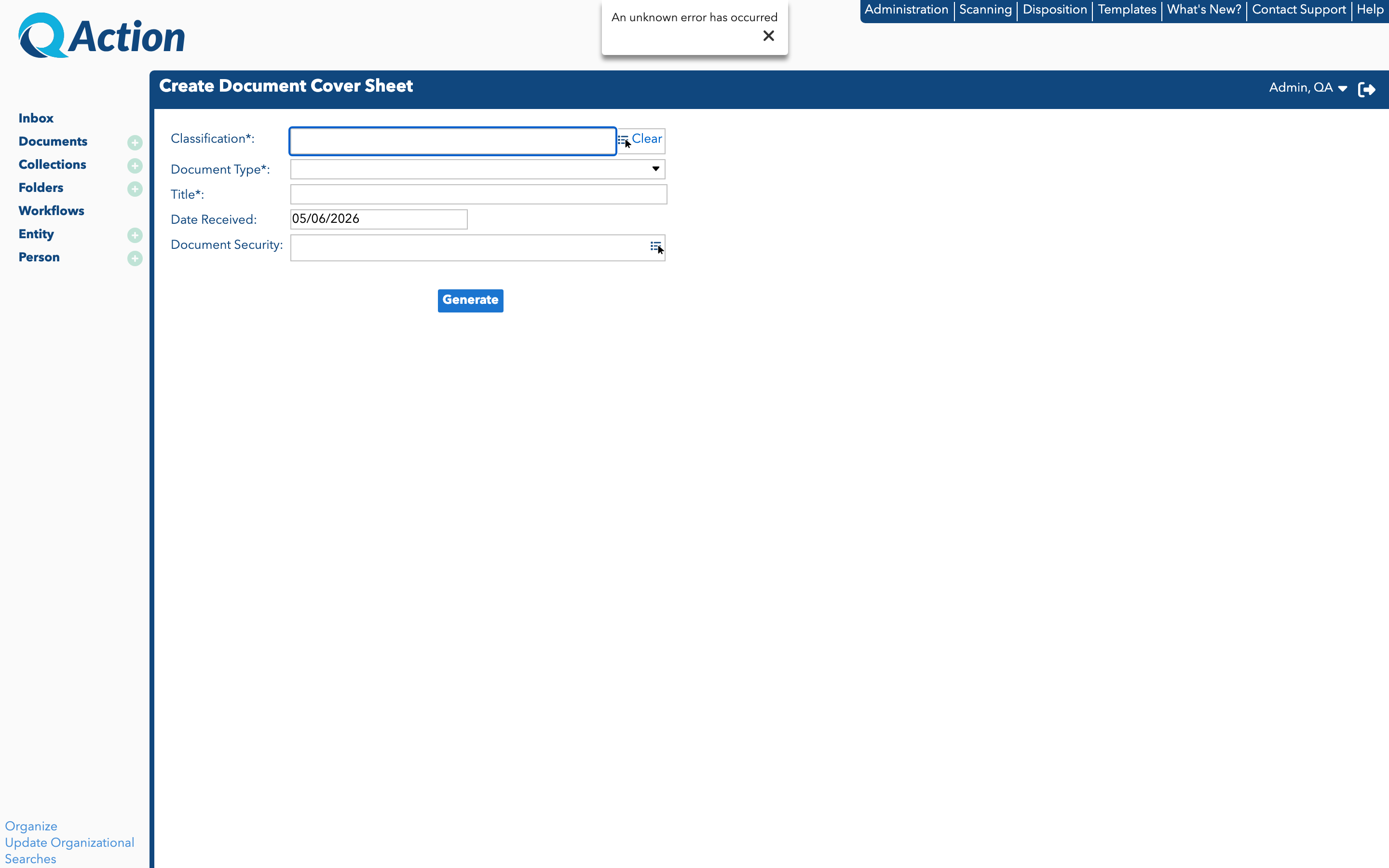 Create Document Cover Sheet Screen