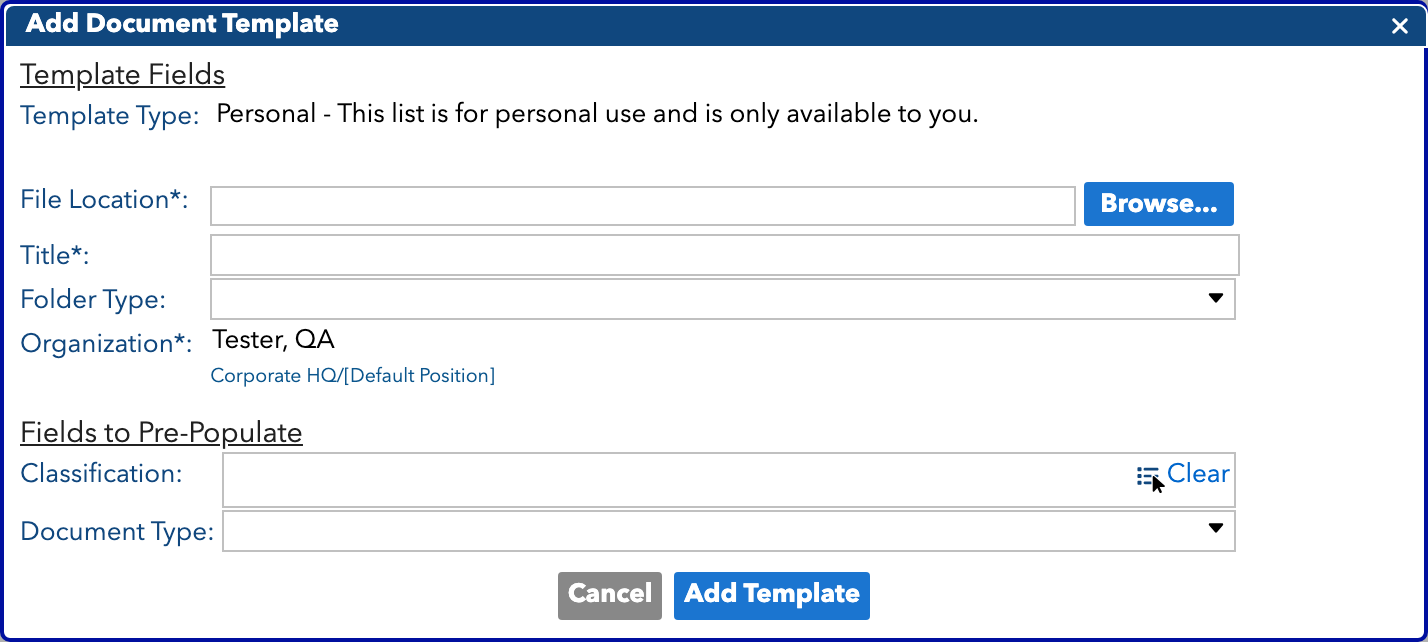 Add Document Template Window Add Document Template Window