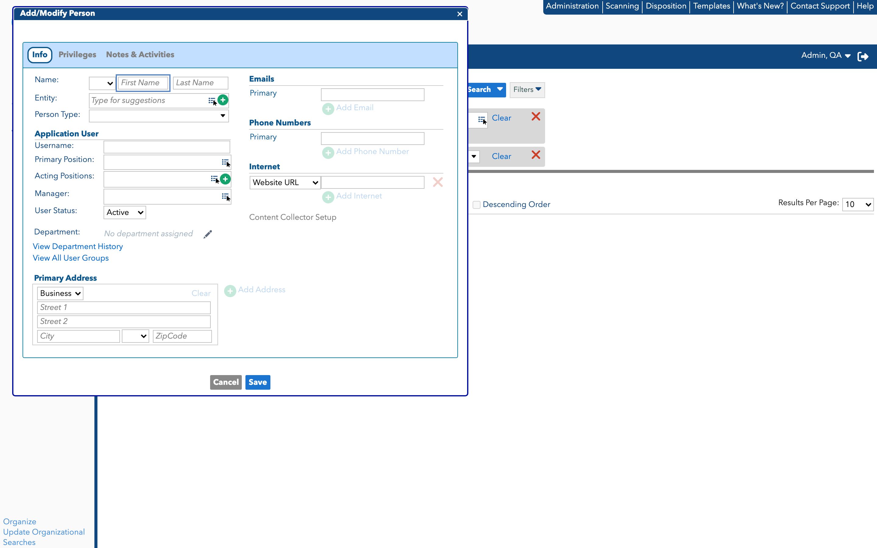 Add/Modify Person Window - Application User Section