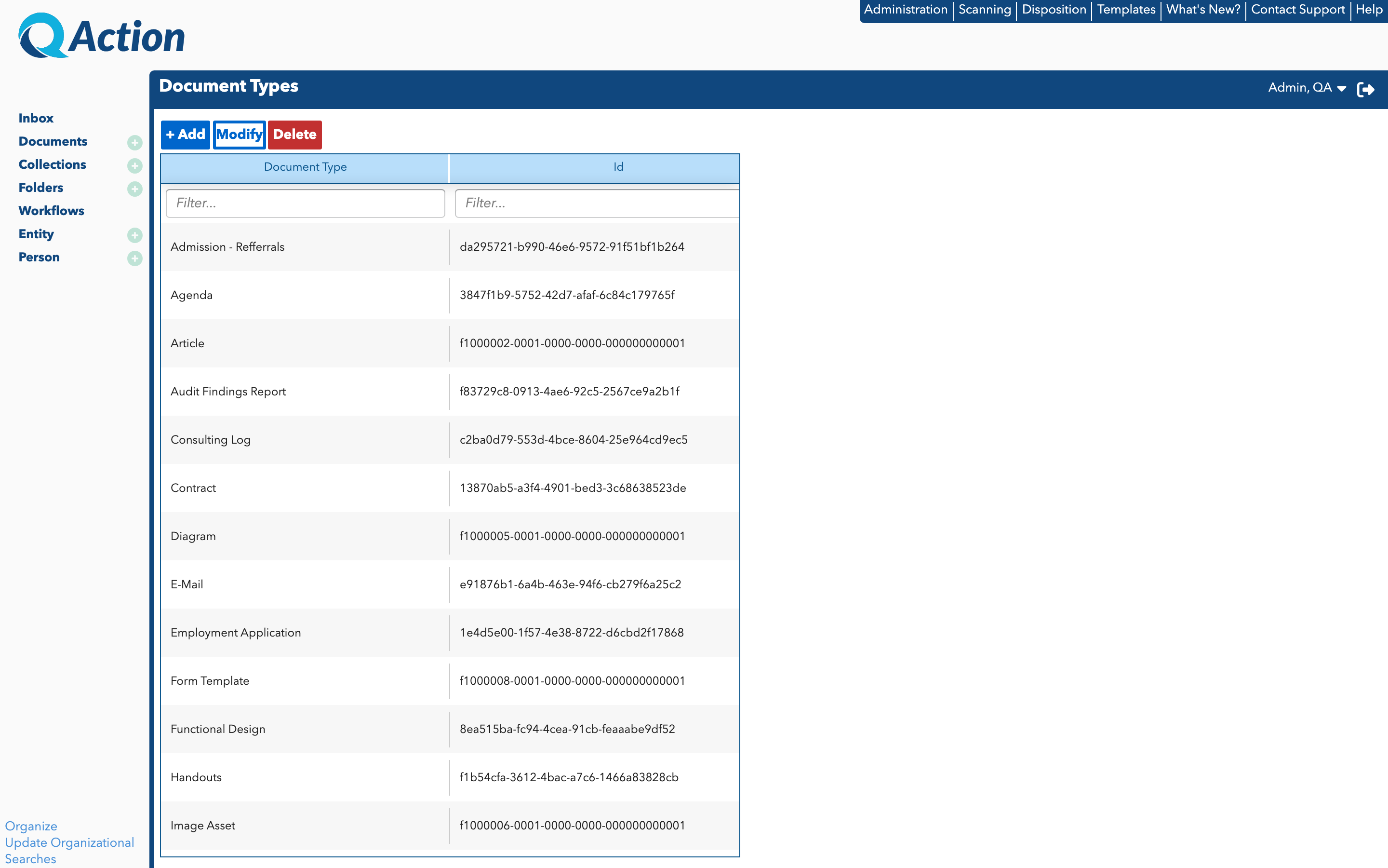 Document Type Maintenance Screen