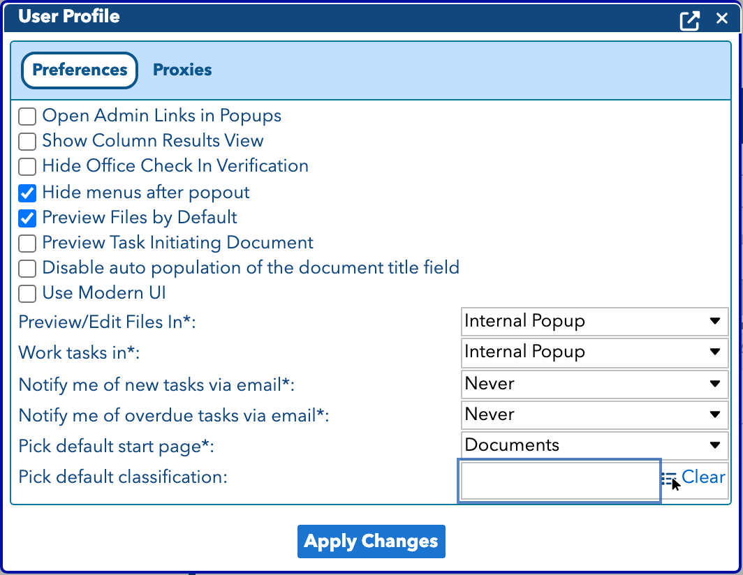 User Profile Window - Preferences