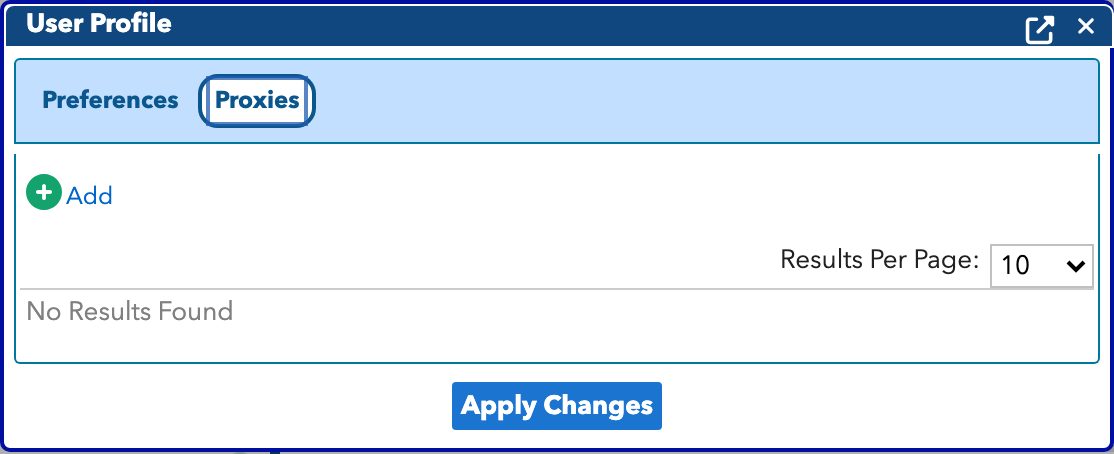 User Profile Window - Proxies Tab to Add/Modify Proxy Window