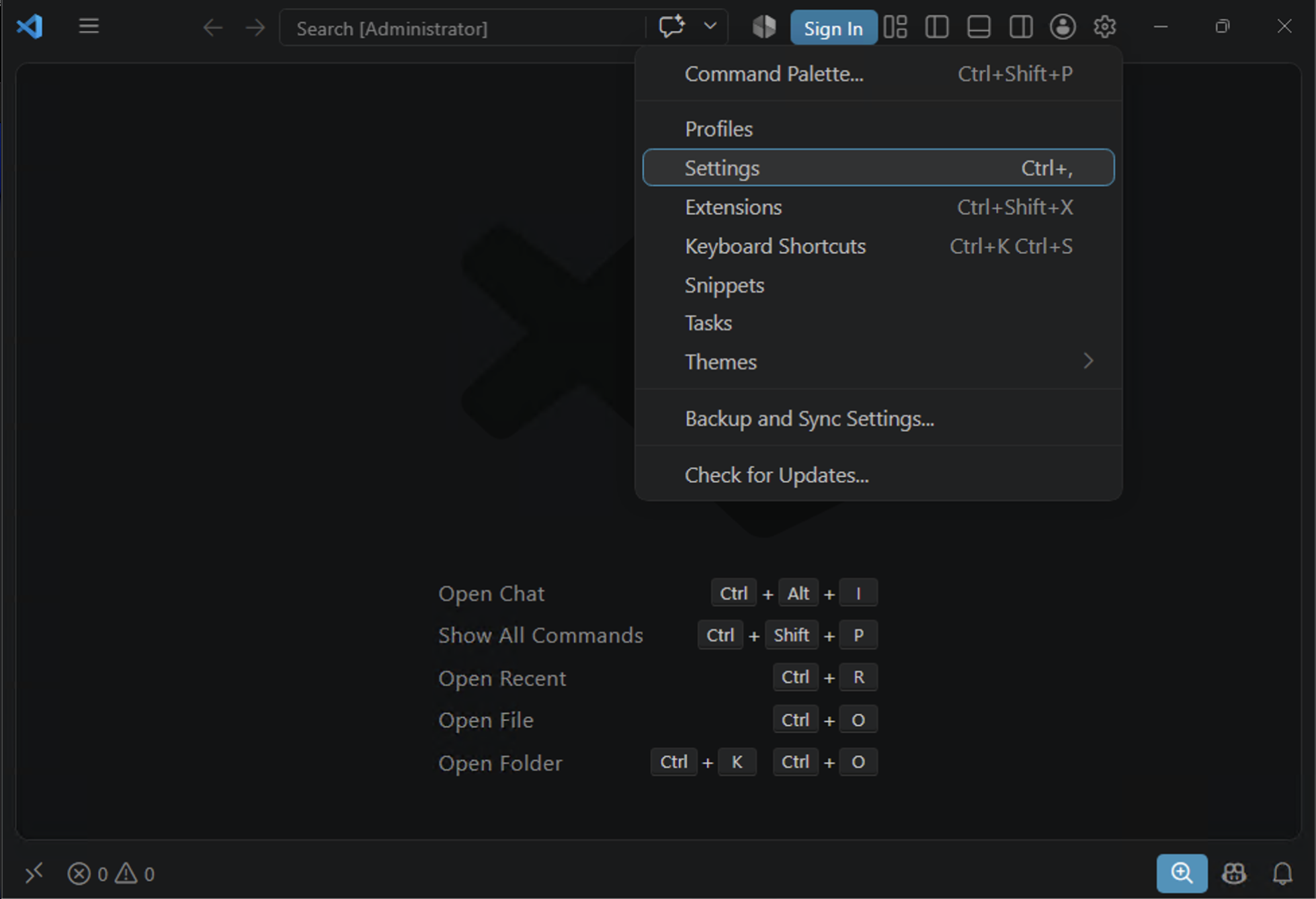 The VS Code menu open, with Settings highlighted