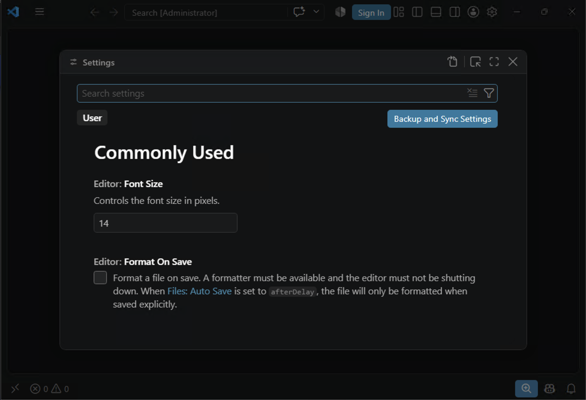 The VS Code Settings screen showing the Commonly Used section
