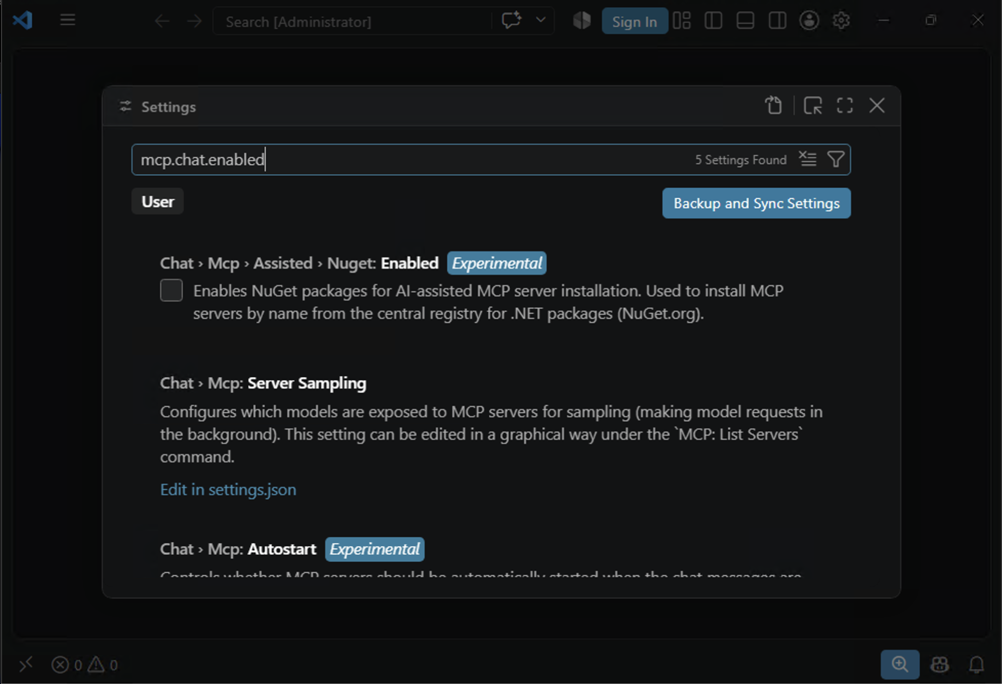 Settings filtered by the search term mcp.chat.enabled, showing five results