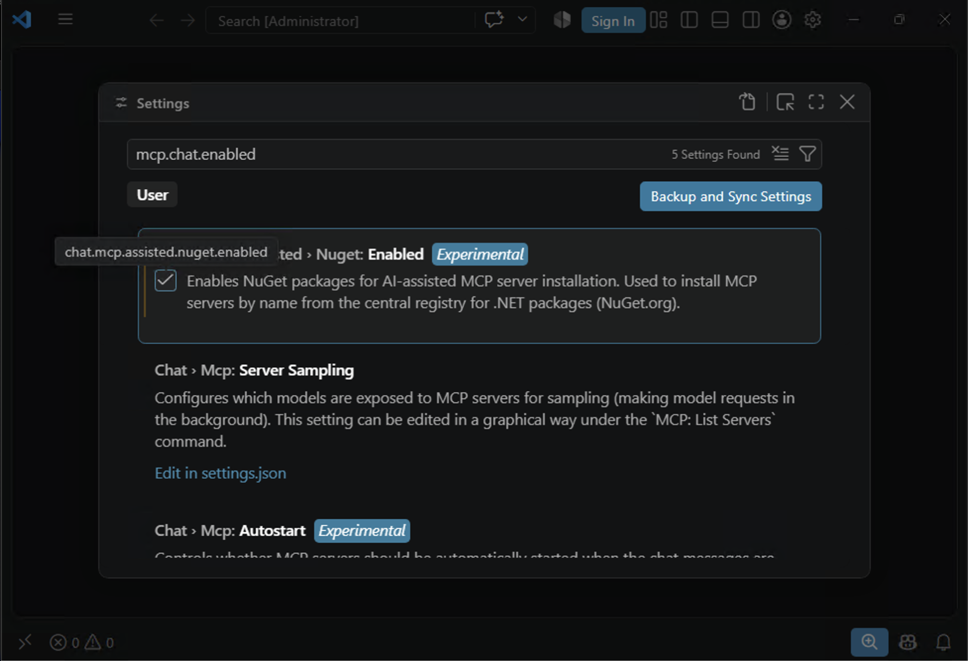 A checkbox being ticked, with the tooltip showing the setting's internal name