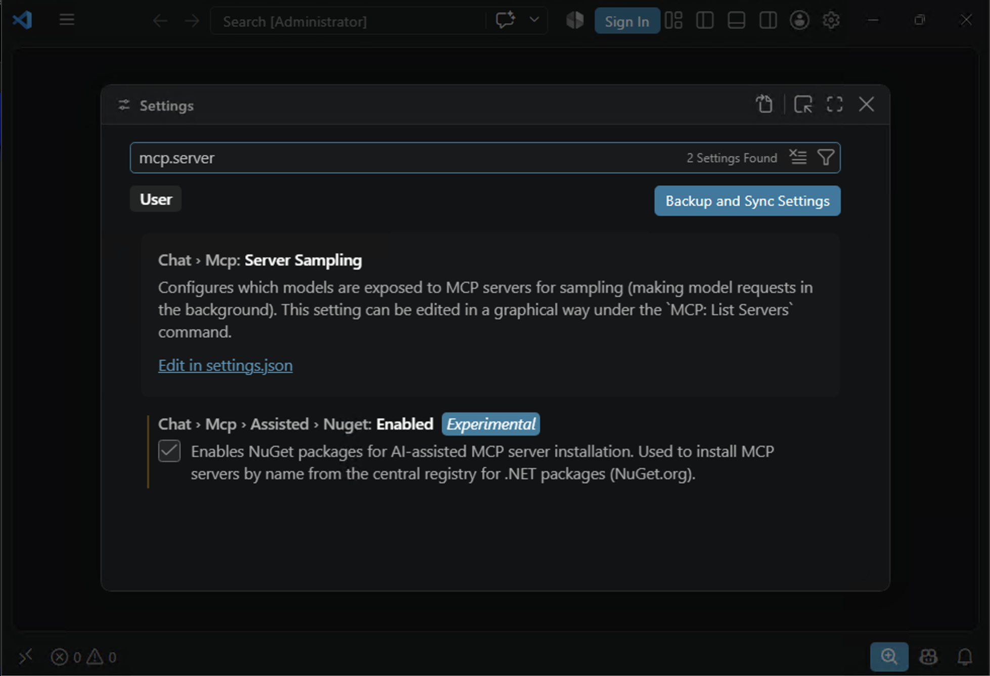 Settings filtered by mcp.server, showing two results