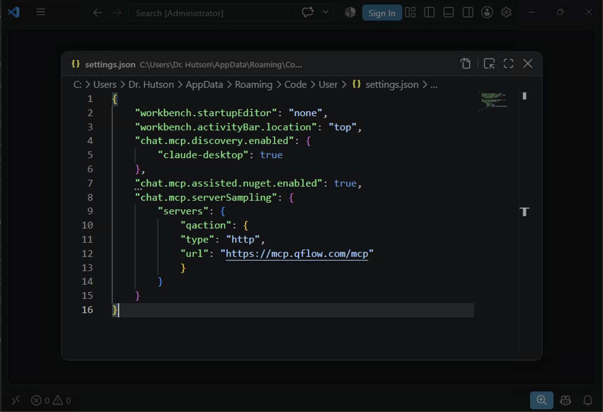 The user settings.json file showing MCP configuration