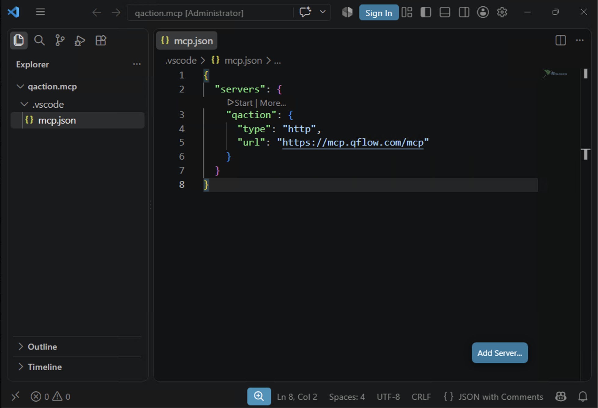The mcp.json file open in the editor with the Add Server button visible