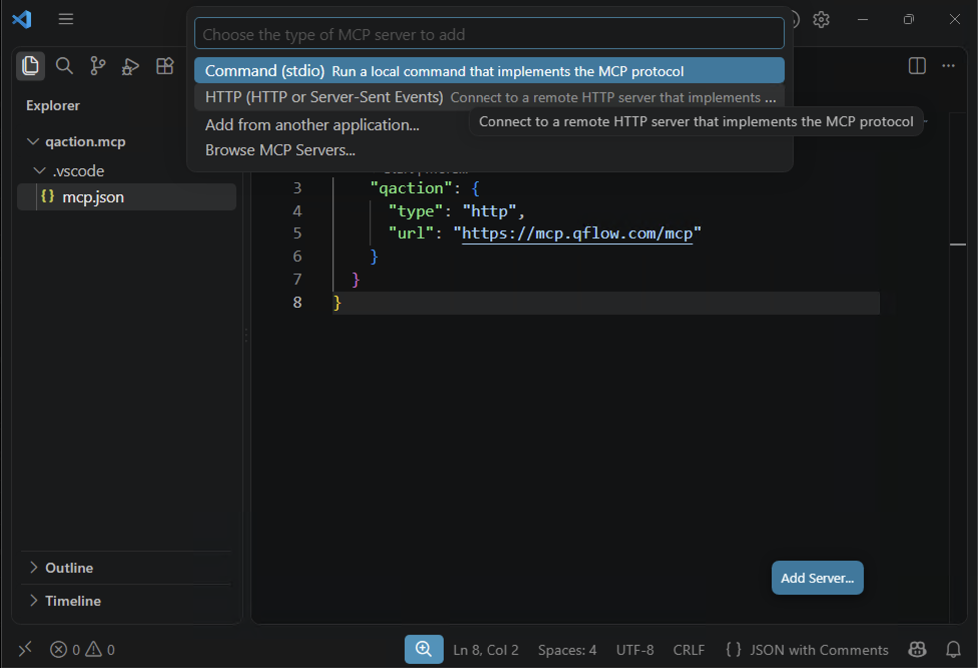 The server type picker, with the HTTP option highlighted
