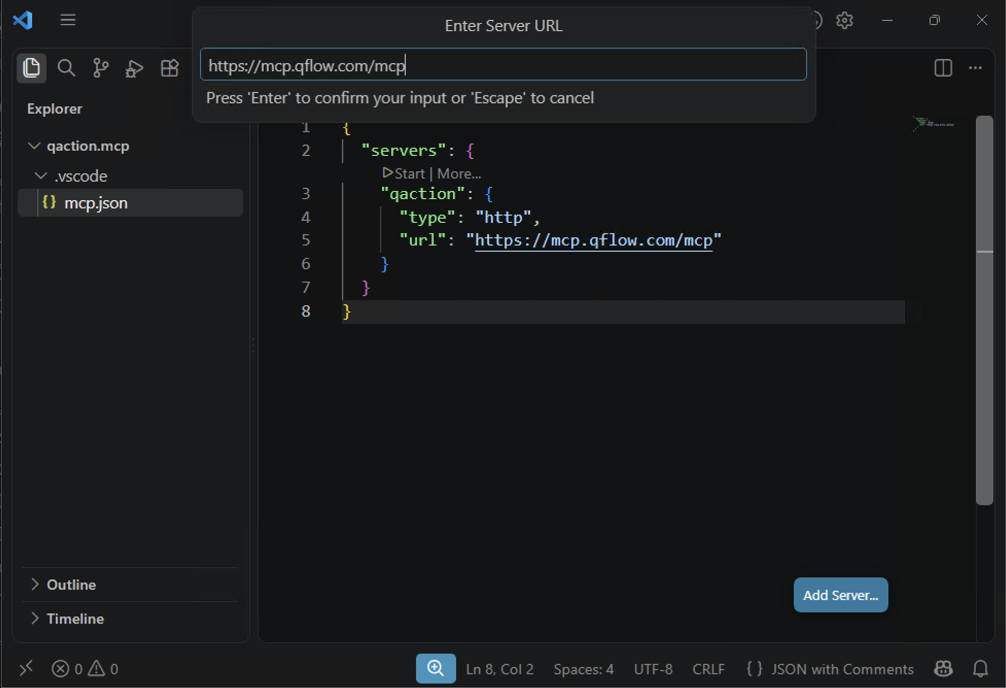 The Enter Server URL prompt with the QAction MCP address typed in