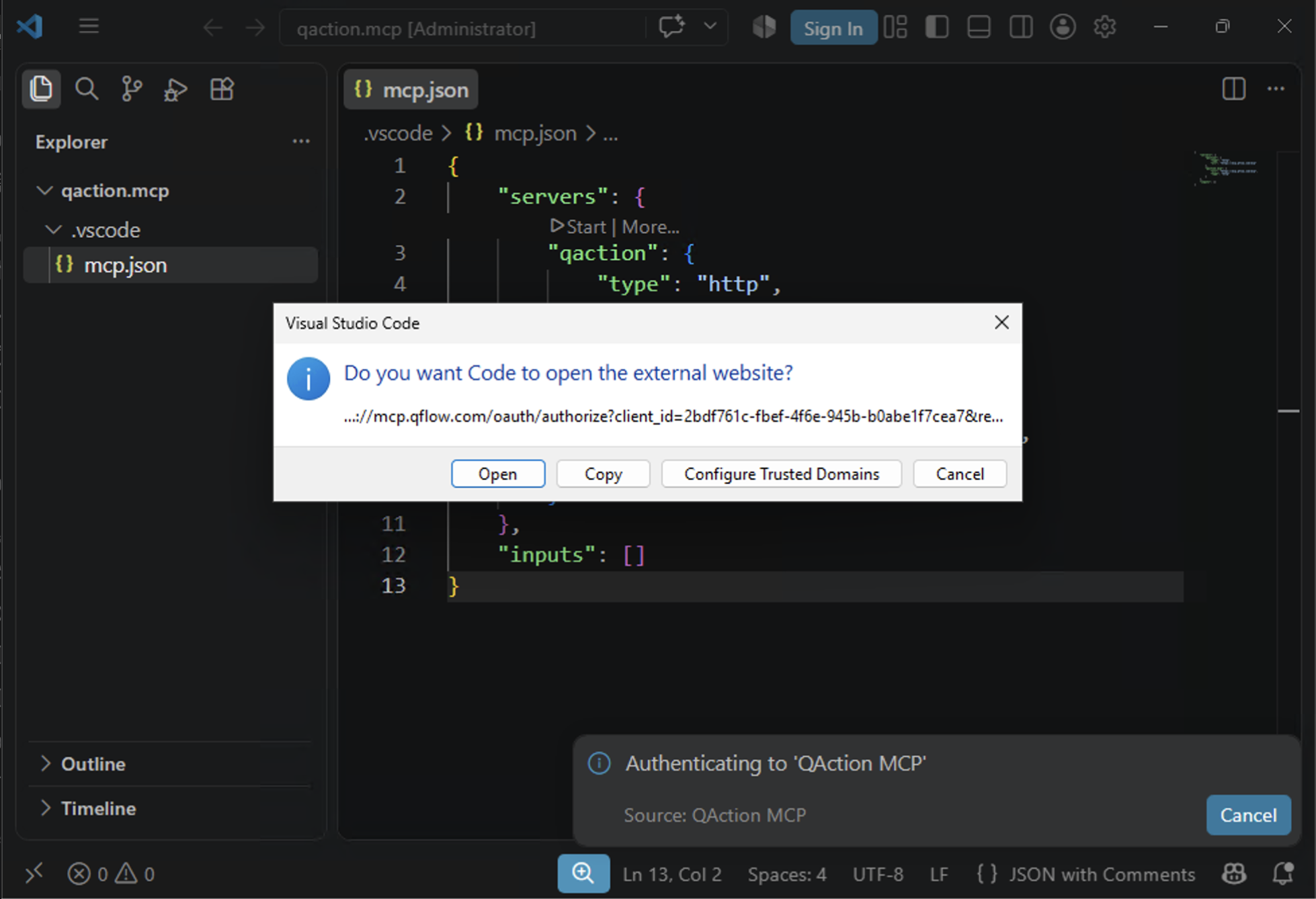 VS Code asking whether to open the external QFlow sign-in website