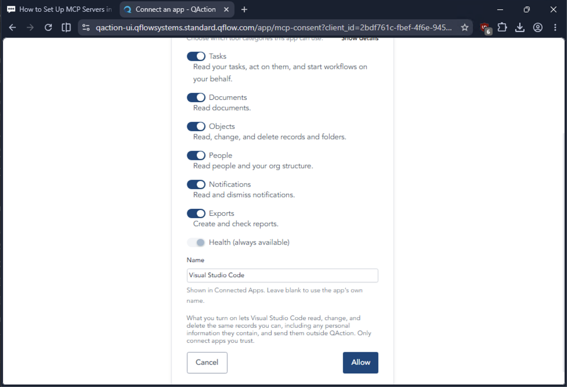 The QAction consent page listing tool categories, the app name field, and the Allow button