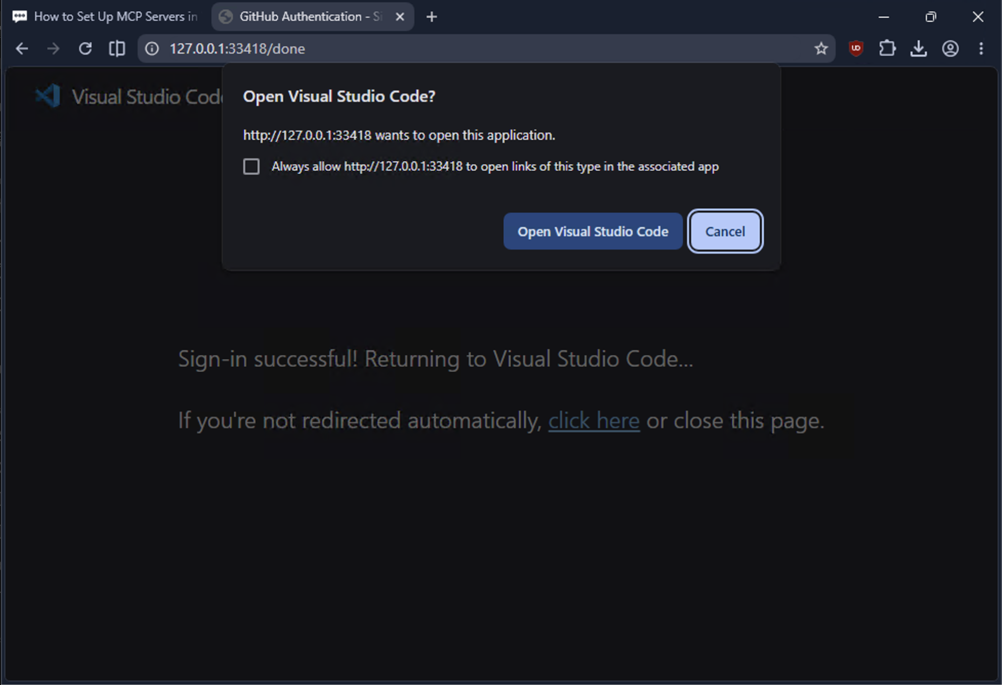 The browser confirming a successful sign-in and offering to reopen VS Code