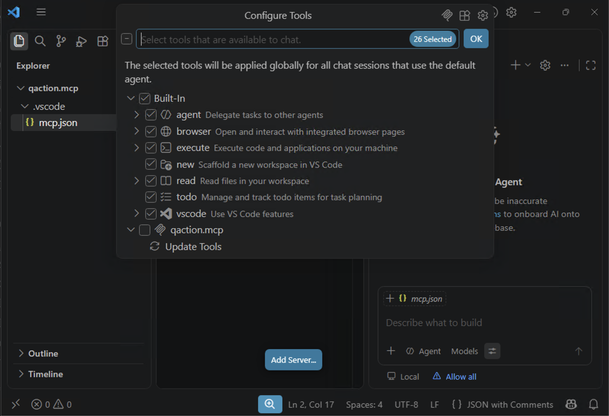 The Configure Tools dialog with the QAction server present but unchecked