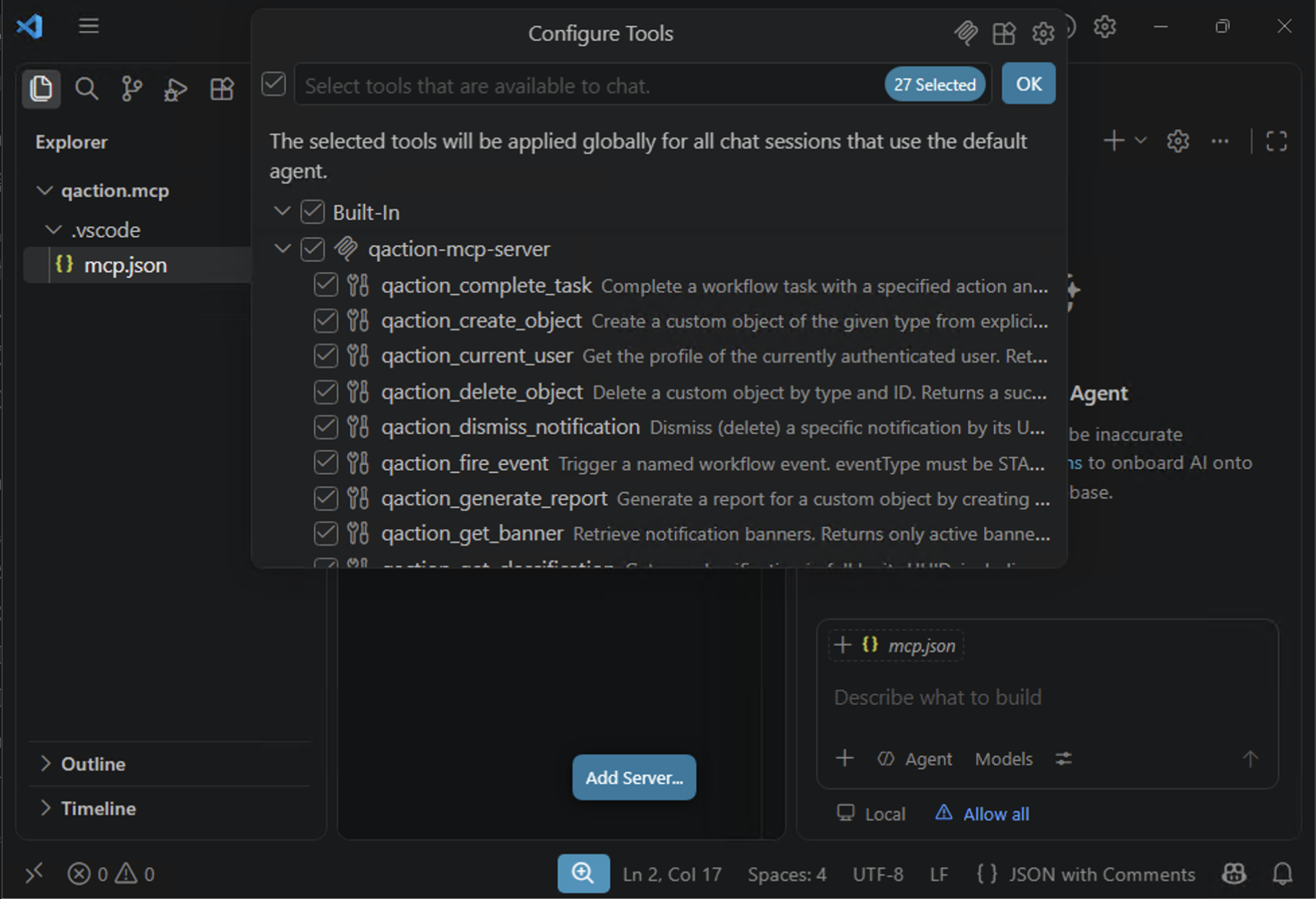 The Configure Tools dialog with the QAction server expanded and all of its tools enabled